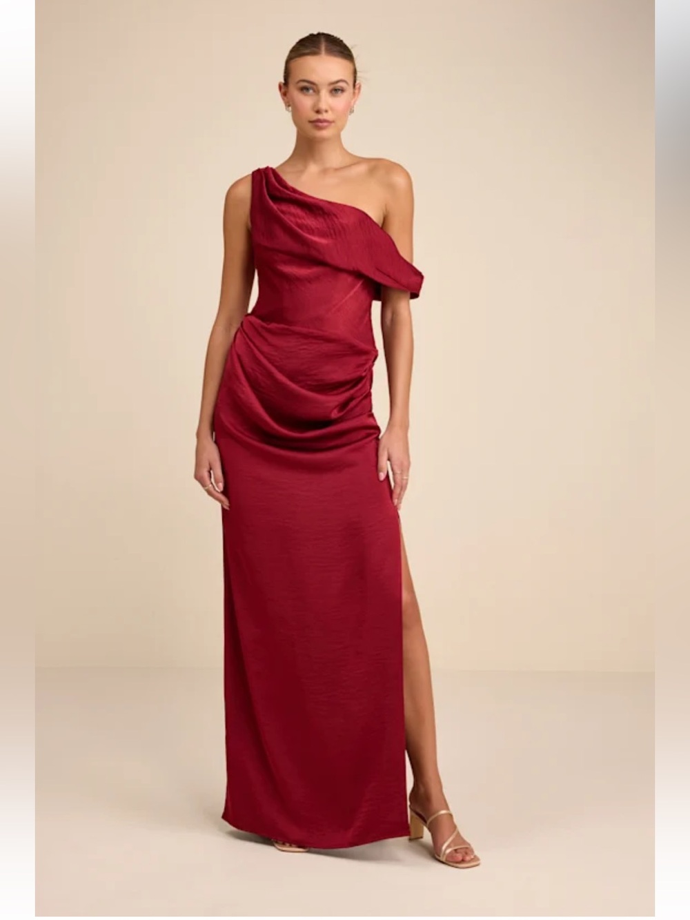 NWT Lulus Aviana Dark Red Satin Asymmetrical Maxi Dress